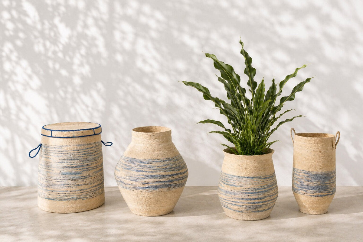 Mand Met Handvat Zeegras Naturel Blauw J-Line