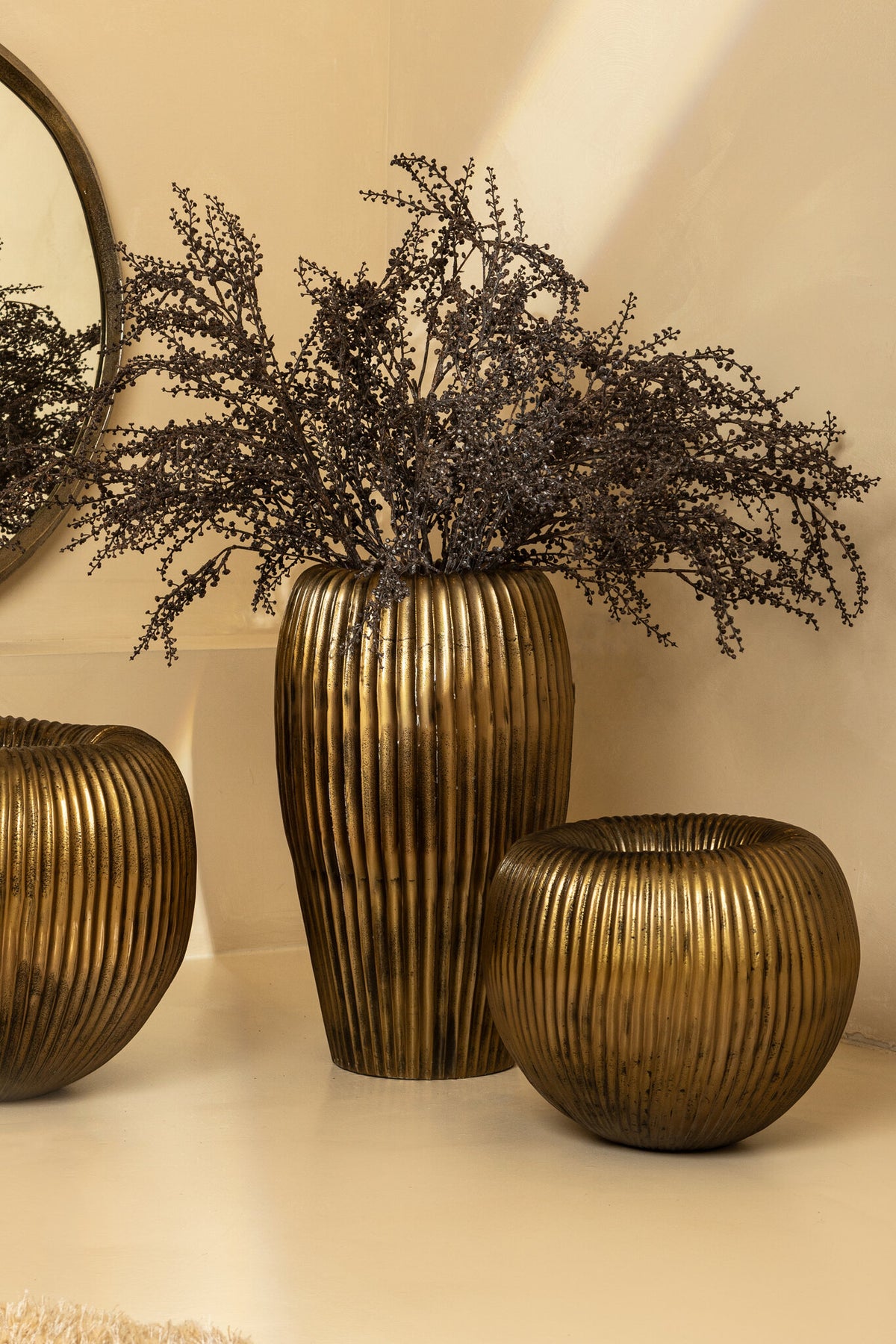 Russel Gold Alu Round Pot Ribbed High 35x32x63cm PTMD