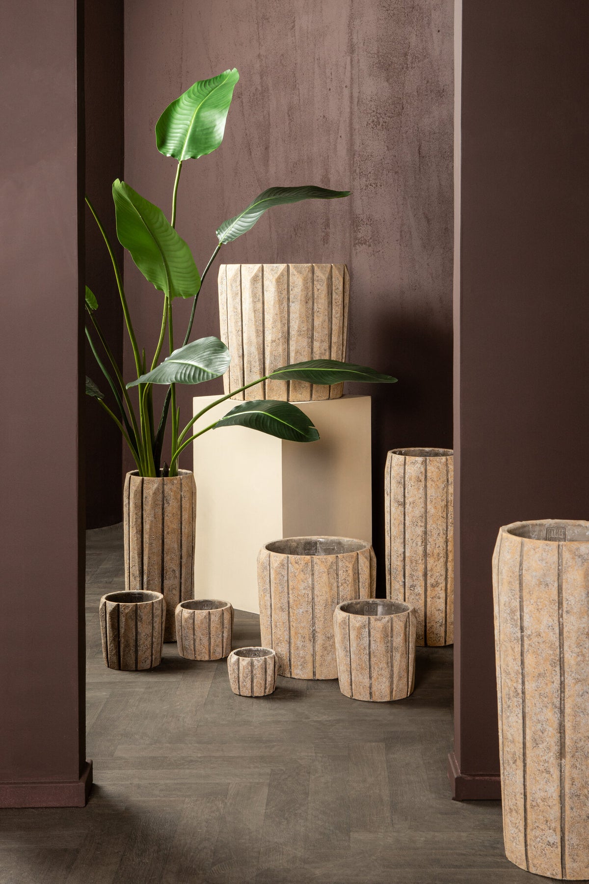 Imani Taupe Cement Pot High With Stripes M PTMD