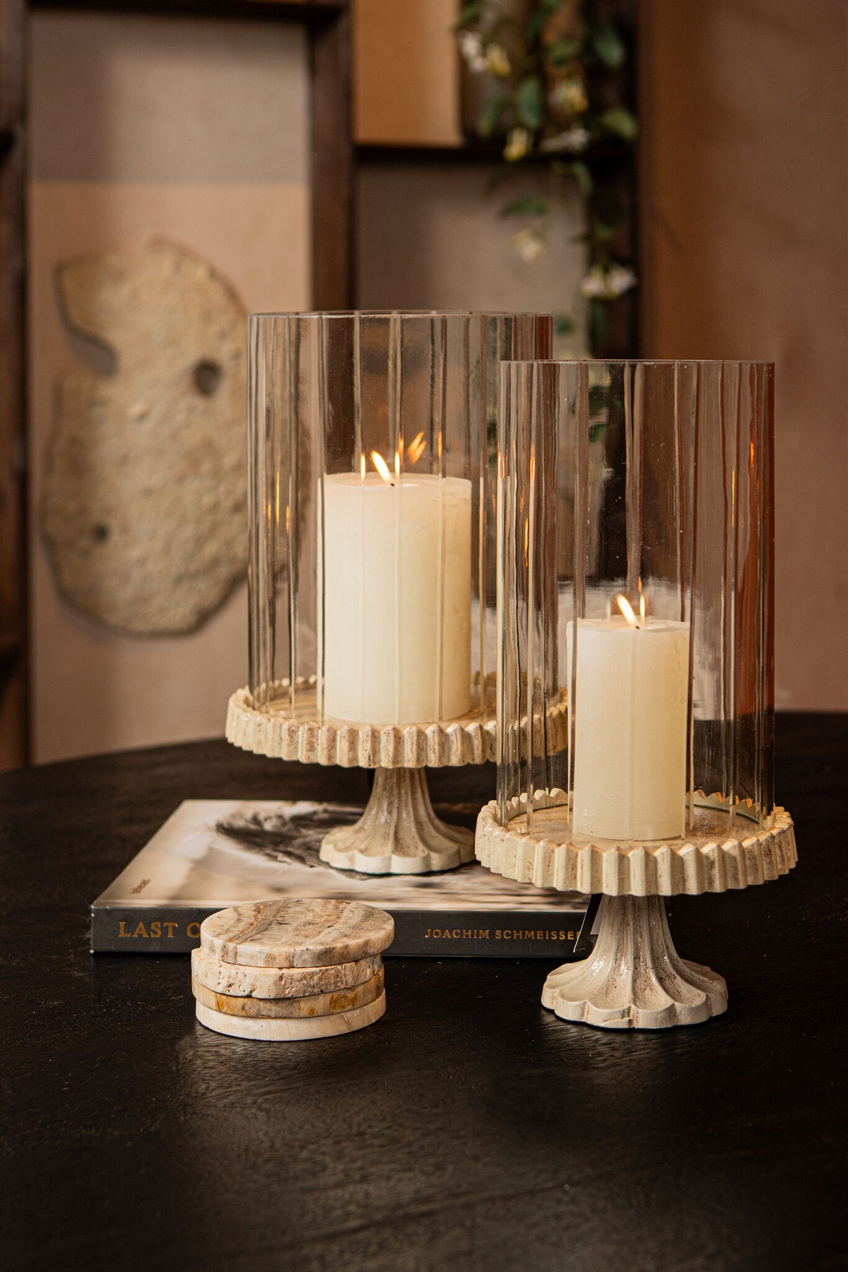 Windlicht Troye Beige Gegoten Aluminium Gesneden Glas Small PTMD