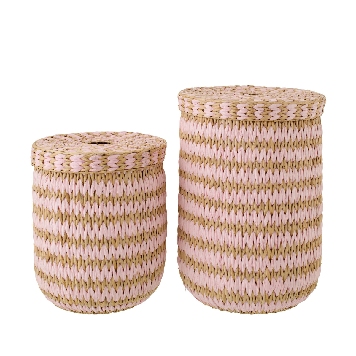Set Van 2 Mand Met Deksel Gestreept Bies Naturel/Lichtroze J-Line