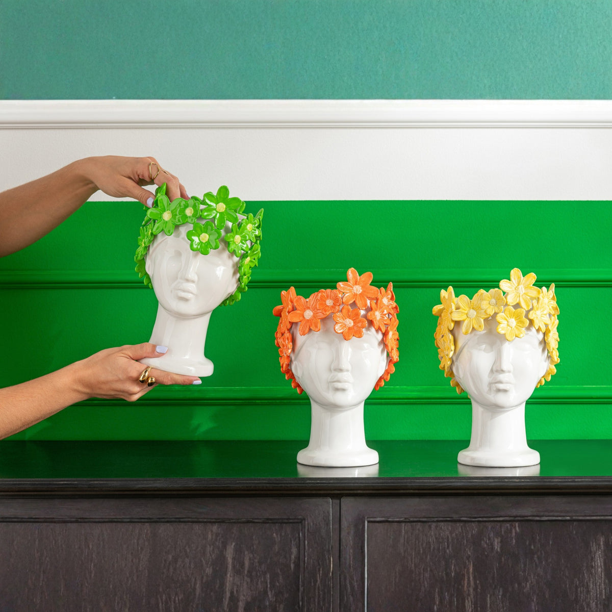 Bloempot Dame Bloemen Keramiek Wit/Geel J-Line