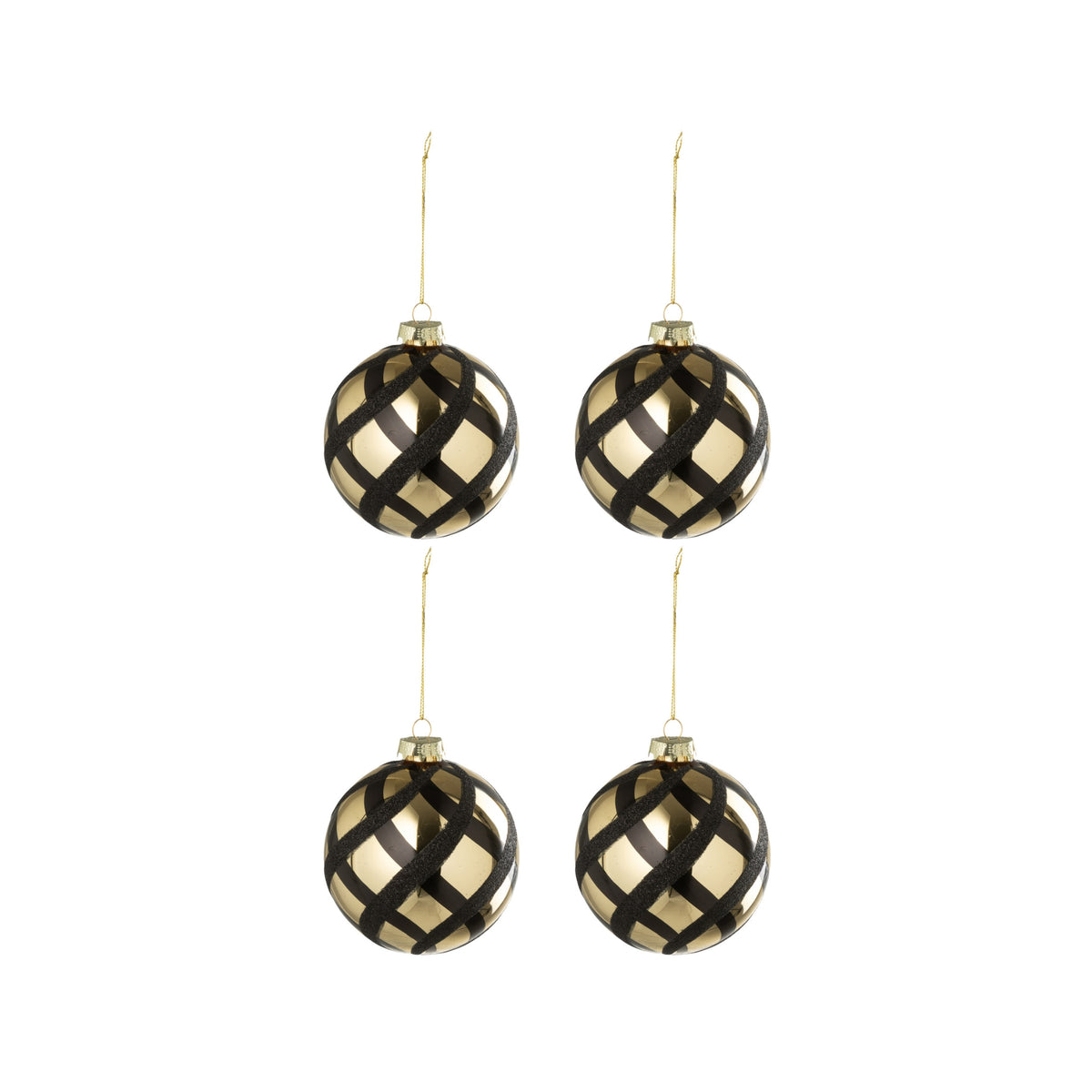 Doos Van 4 Kerstbal Geruit Glas Goudkleurig/Zwart J-Line