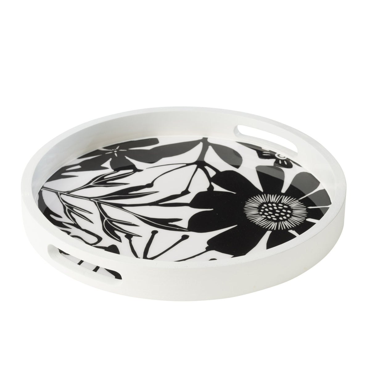 Dienblad Rond Met Handvaten Bloemen Mangohout Zwart/Wit J-Line