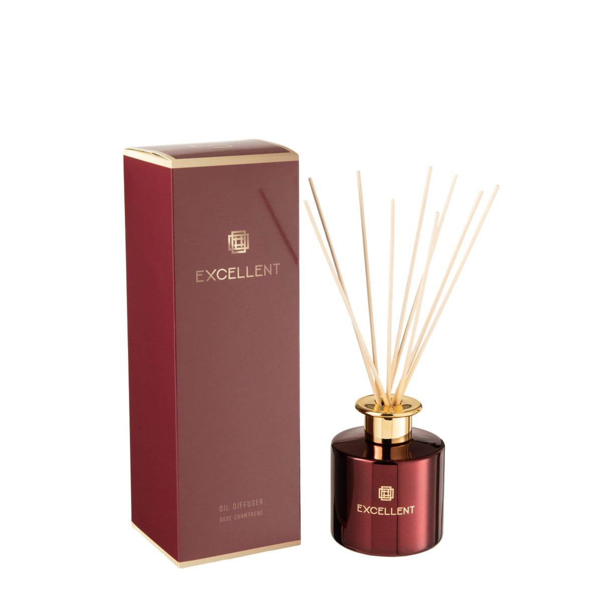 Geurstokjes Excellent Rose Champagne wijnrode fles met gouden dop en rieten stokjes naast de geschenkdoos