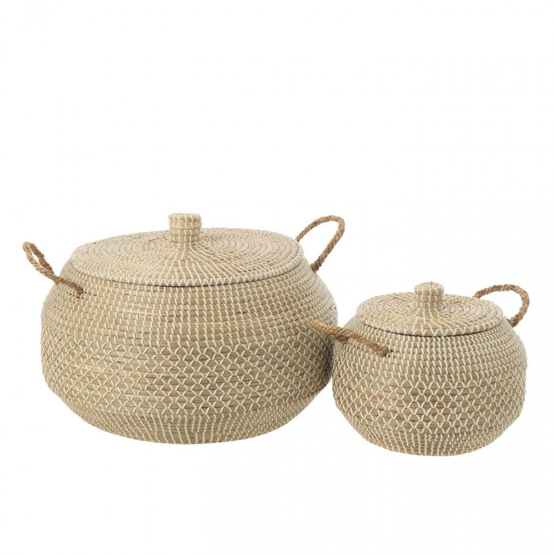 Mand Handvat + Deksel Zeegras Naturel/Wit Set van 2 J-Line