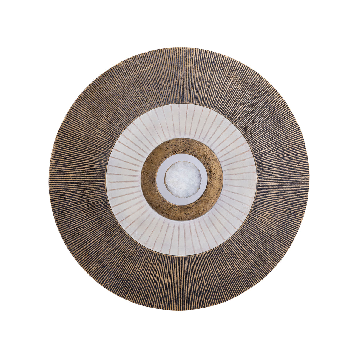 Wandpaneel Jacci Goud Rond Small van PTMD, rond paneel met ringen en een steen in het midden op witte achtergrond
