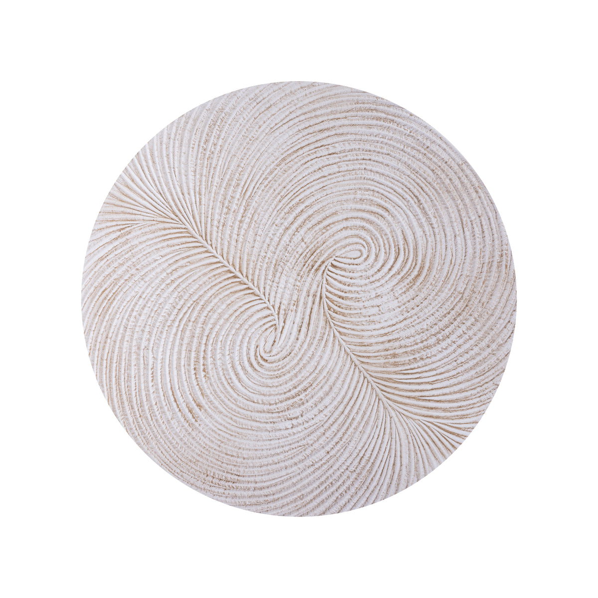 Wandpaneel Wiktor Rond Wit Ø90cm van PTMD, vooraanzicht van het witte MDF paneel met swirlreliëf