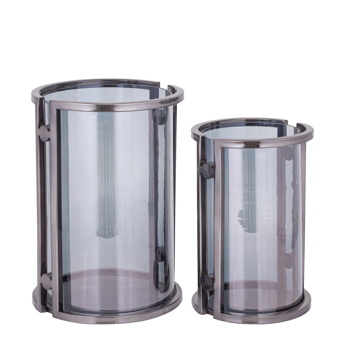 Windlicht Jarie Gunmetal Large van PTMD, ander aanzicht van het windlicht met glas