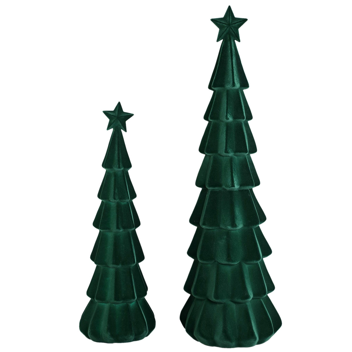 Yule Kerstboom Gelaagd Donkergroen Small van PTMD, twee maten kerstbomen in donkergroen naast elkaar op witte achtergrond