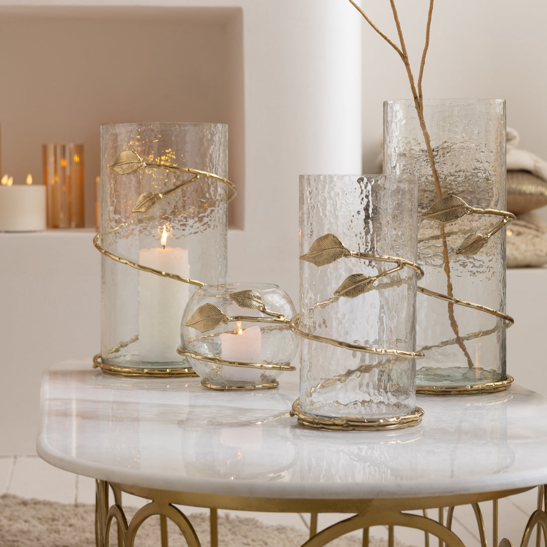 Glazen Windlichten met Gouden Bladeren Set van 3 J-Line