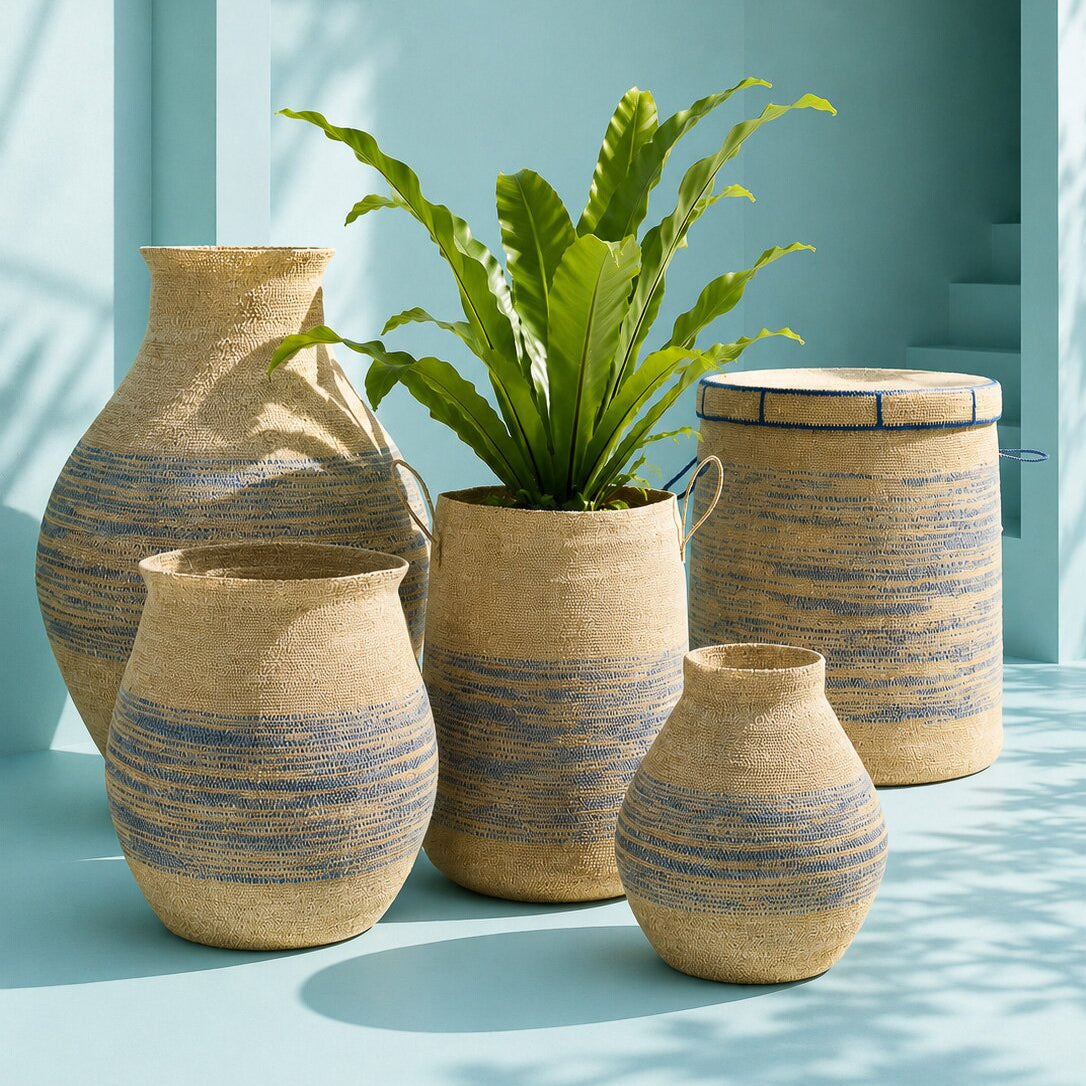 Mand Met Handvat Zeegras Naturel Blauw J-Line
