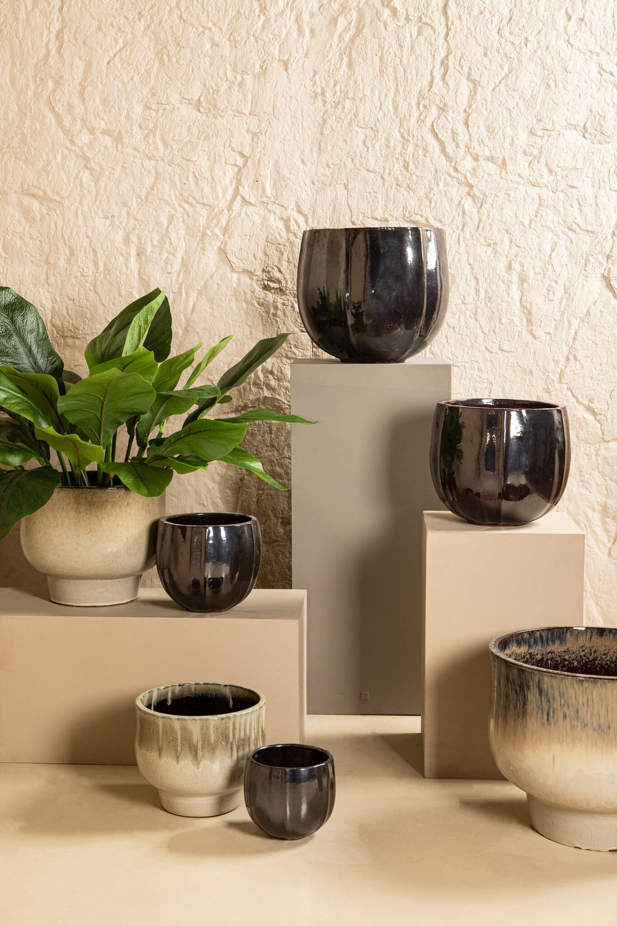 Ayasha Silver glazed ceramic pot shiny round Set van 4 PTMD