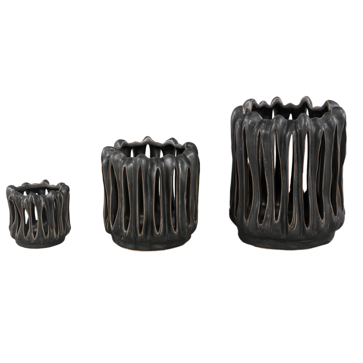 Windlicht Luci Zwart Keramiek Open ribbel Rond Set van 3 PTMD