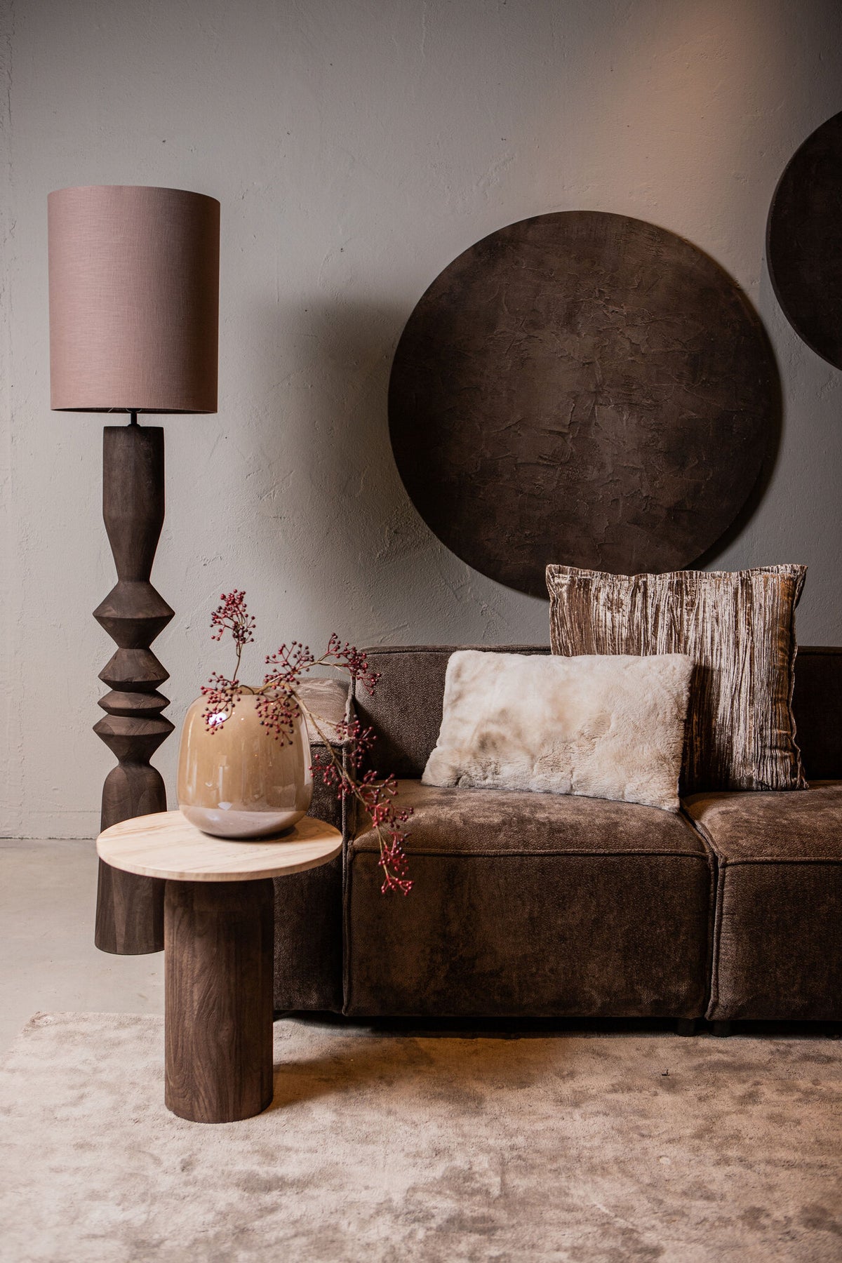 Vloerlamp Elaine Bruin Mango Hout Rond Base H130cm PTMD