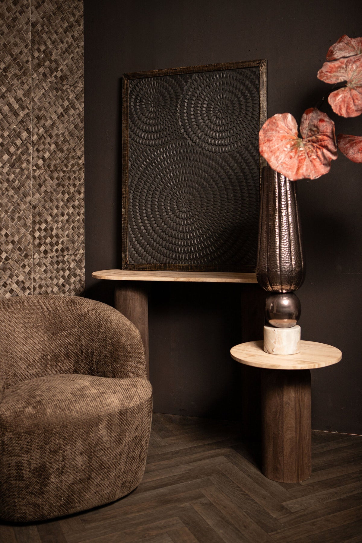 Levya Black Wooden Rect Wall Panel Round Pattern PTMD