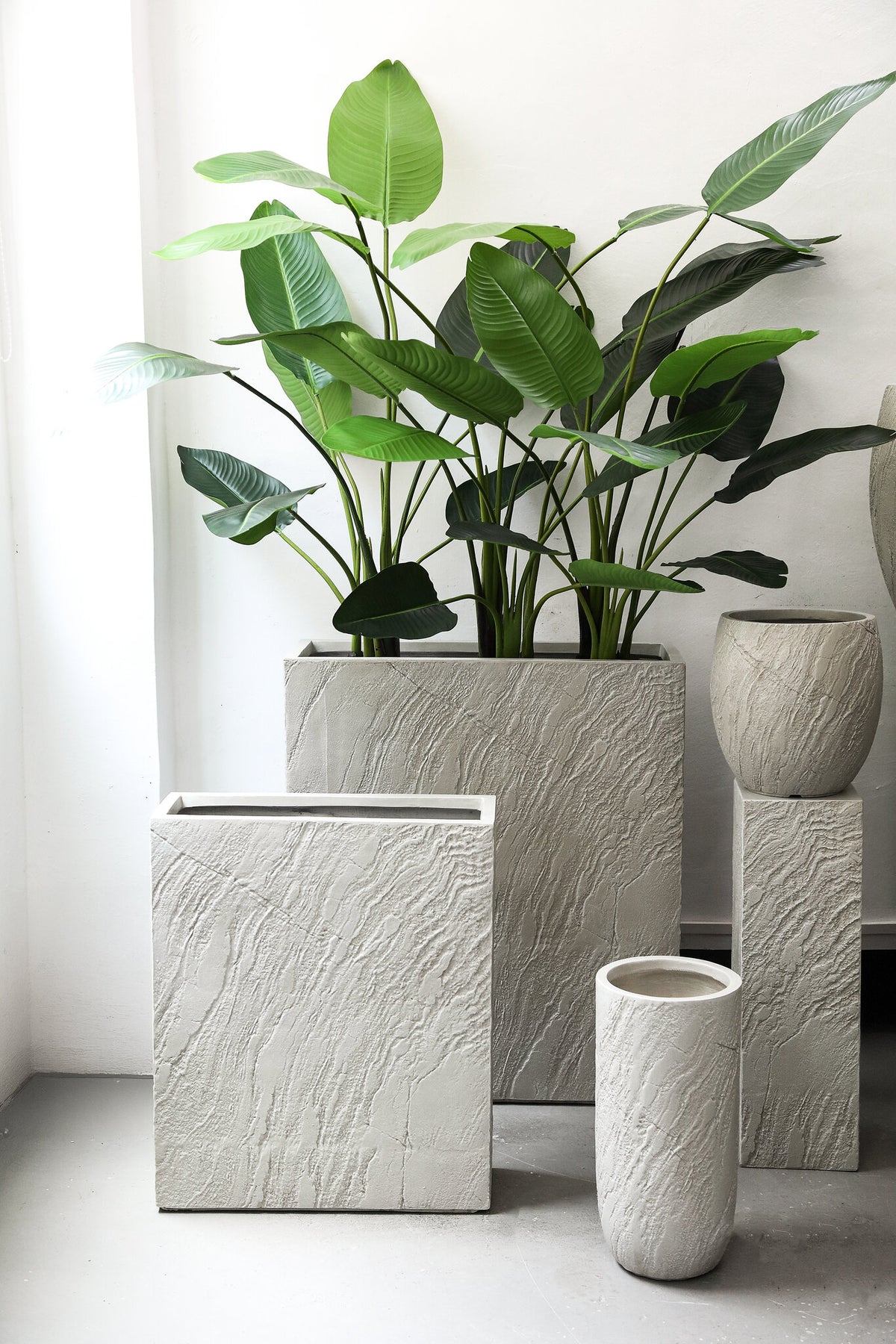 Pot Berwin Beige Fiber Cement Rock Pot Set van 2 Rechthoek PTMD