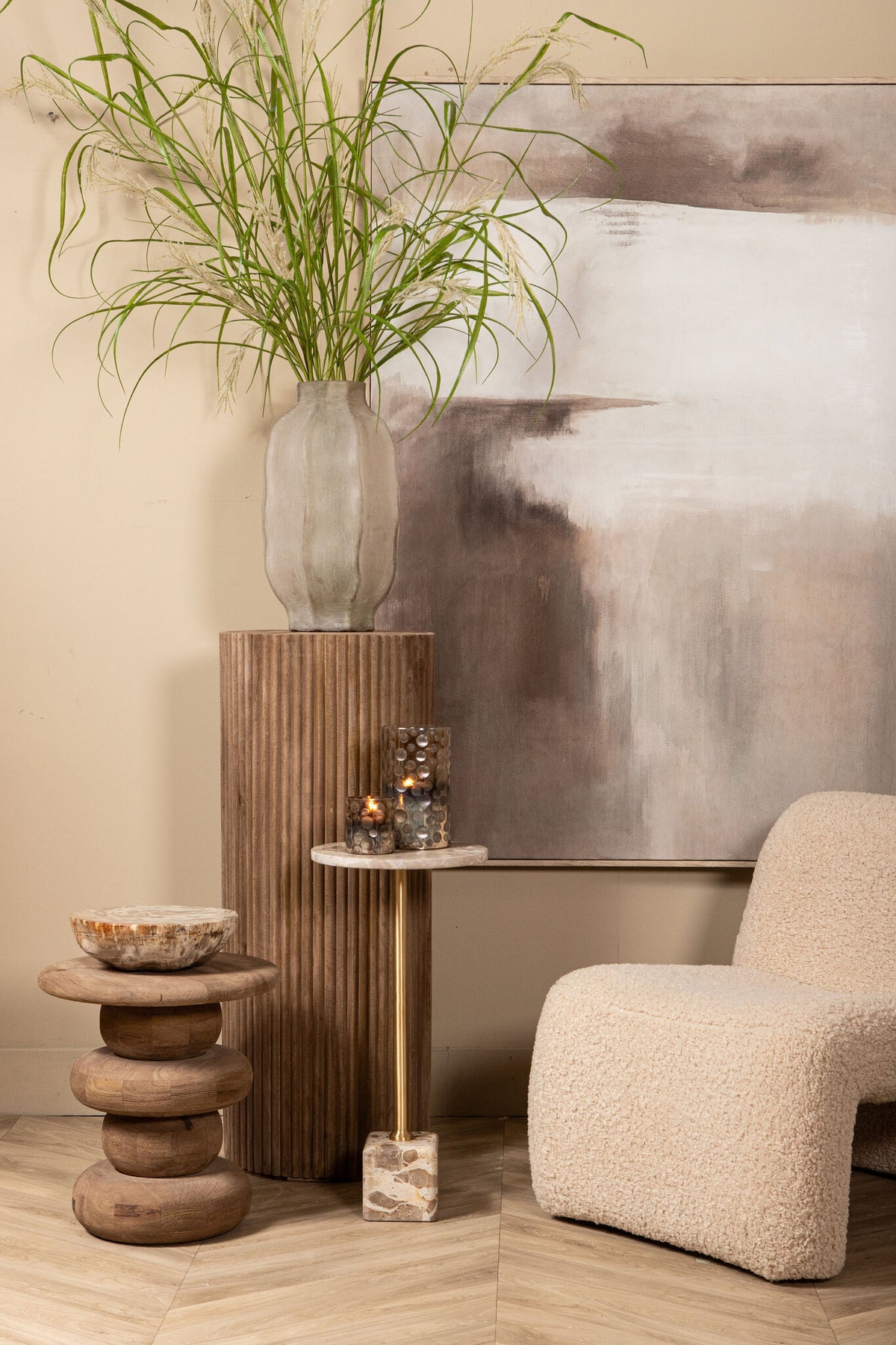 Abstract Wandpaneel Olger Beige Canvas Ingelijst PTMD