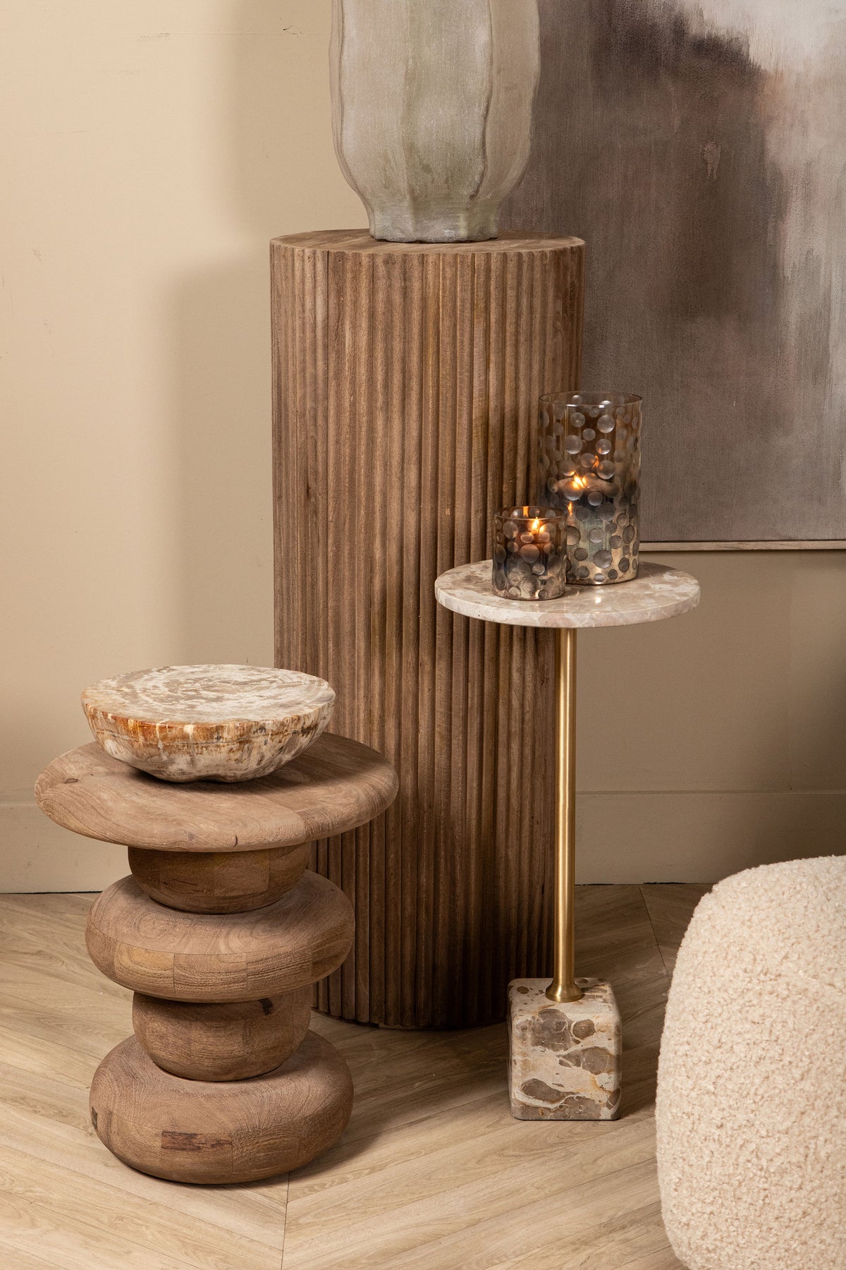 Jerra Natural Ribbed Mango Wood Pedestal Set Of 2 PTMD