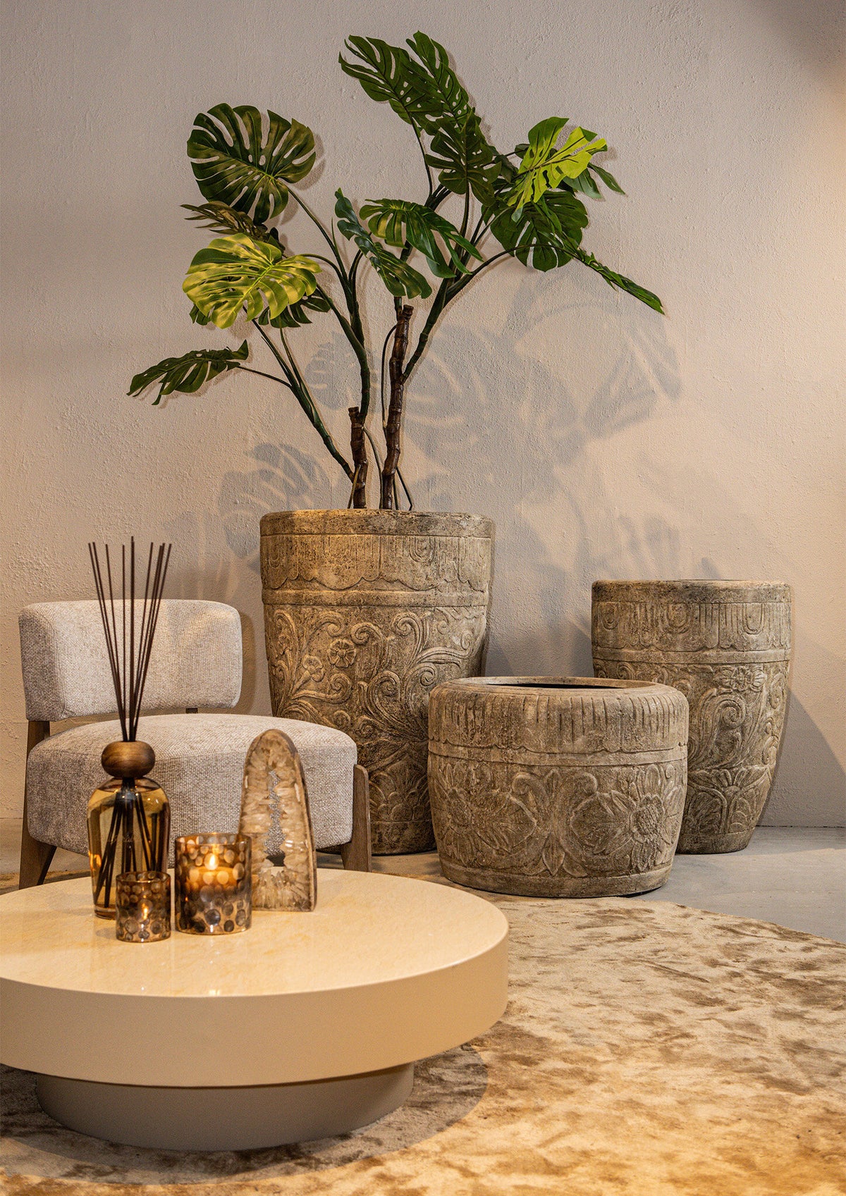 Sasha Cream cement fiber pot flower pattern round S PTMD