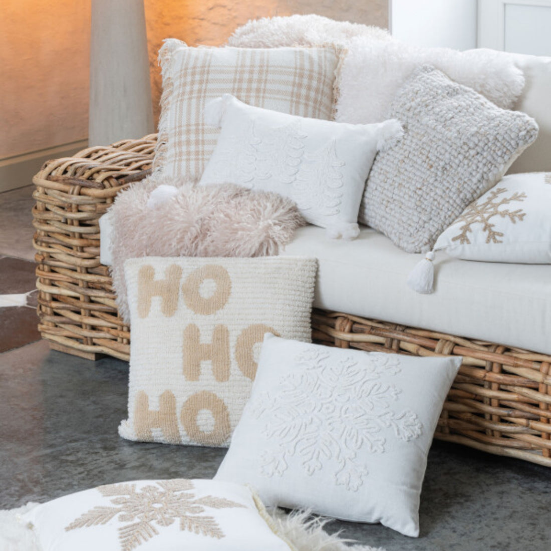 Kerstbundel Plaid &amp; Kerstkussens HoHoHo Beige/Wit J-Line