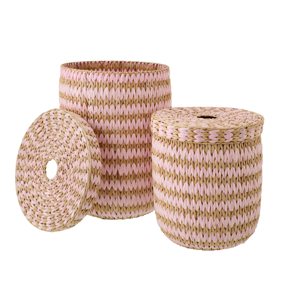 Set Van 2 Mand Met Deksel Gestreept Bies Naturel/Lichtroze J-Line