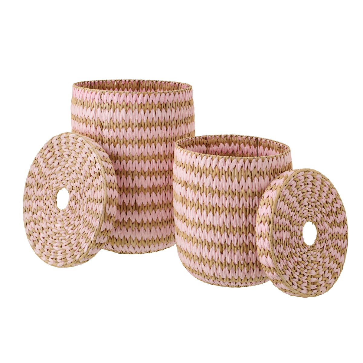 Set Van 2 Mand Met Deksel Gestreept Bies Naturel/Lichtroze J-Line