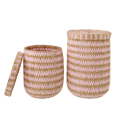 Set Van 2 Mand Met Deksel Gestreept Bies Naturel/Lichtroze J-Line