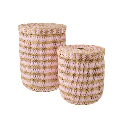 Set Van 2 Mand Met Deksel Gestreept Bies Naturel/Lichtroze J-Line