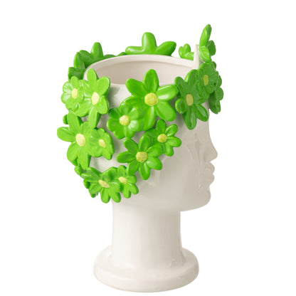 Bloempot Dame Bloemen Keramiek Wit/Groen J-Line