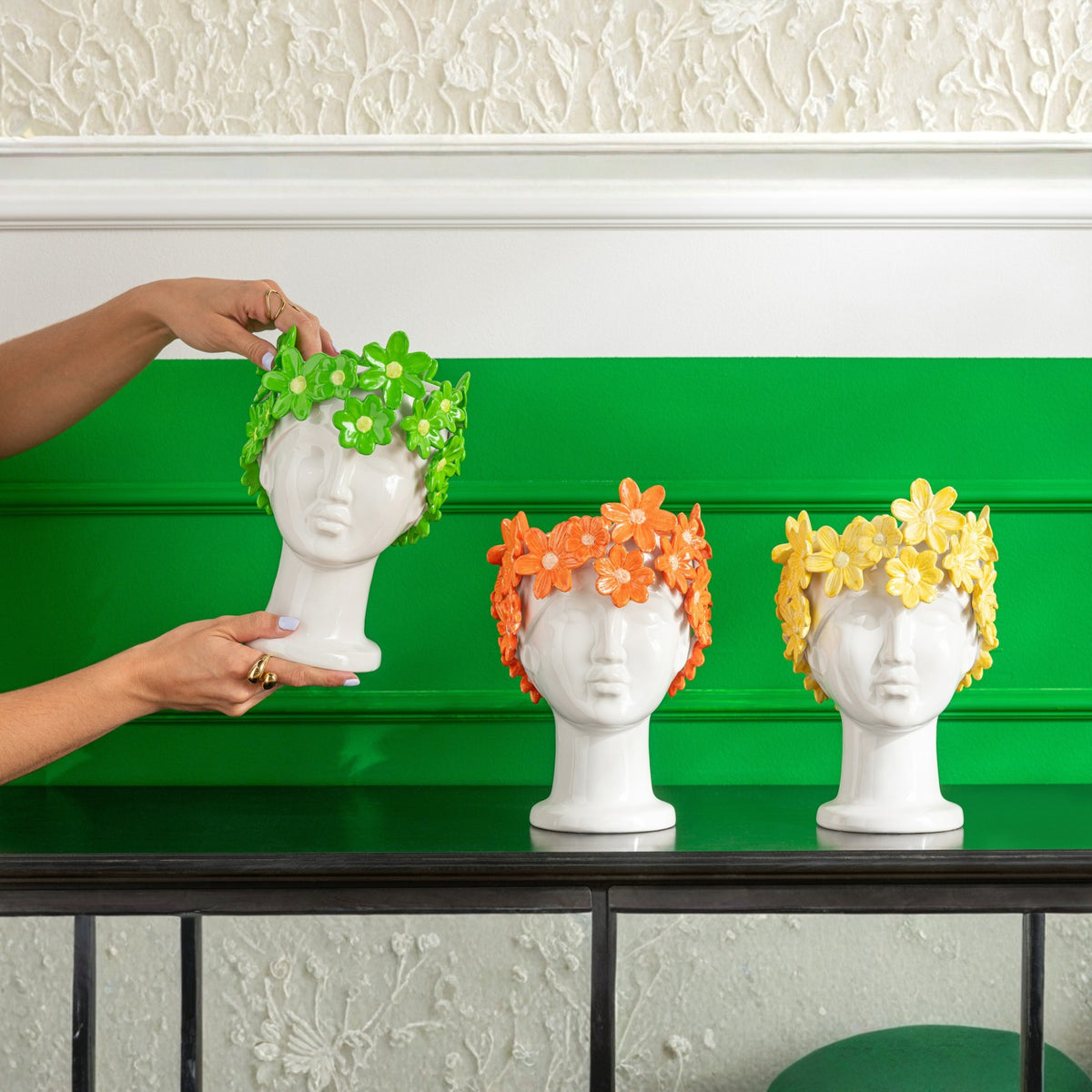 Bloempot Dame Bloemen Keramiek Wit/Groen J-Line