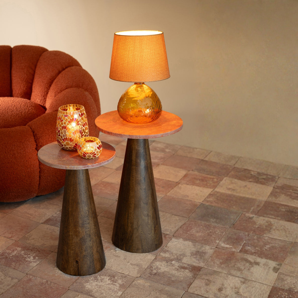 Set Van 2 Bijzettafel Rond Marmer Terracotta/Donkerbruin J-Line