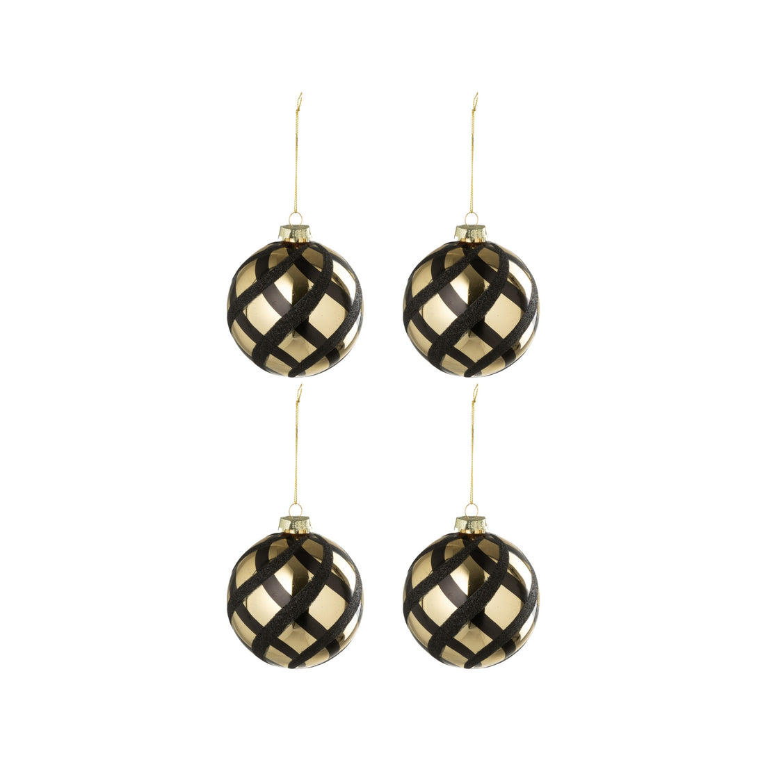 Doos Van 4 Kerstbal Geruit Glas Goudkleurig/Zwart J-Line