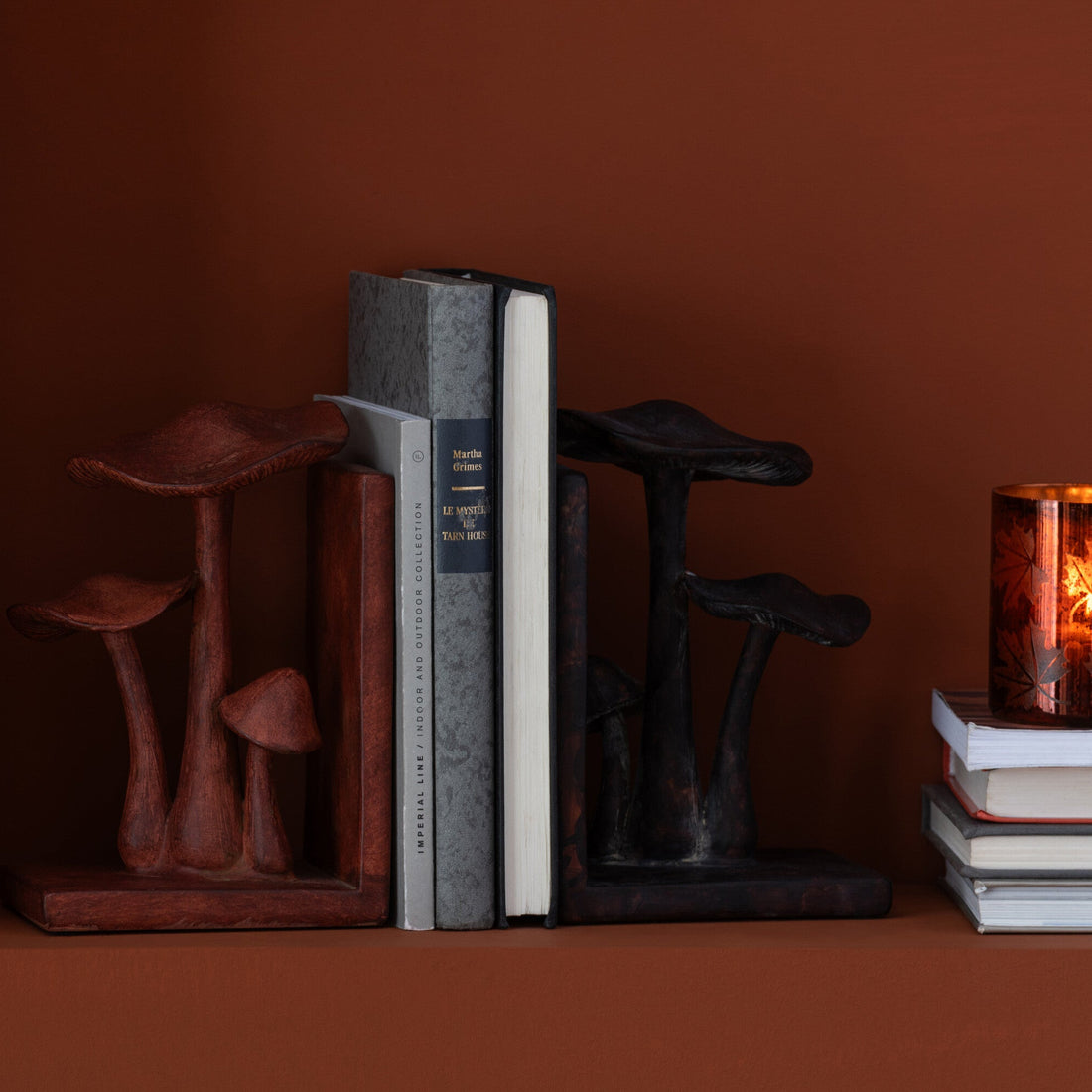 Boekensteun Paddenstoel Polyresin Roestbruin/Zwart Set van 2 - Boekensteun - J-Line - livinglovely.nl