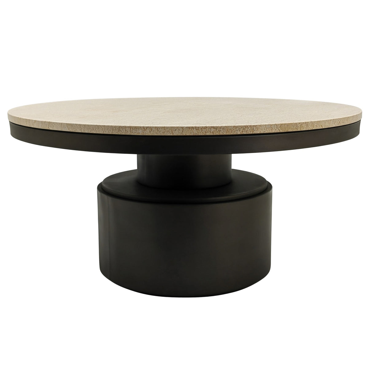 Bregt hoge salontafel van PTMD van opzij, beige marmeren blad en zwarte voet