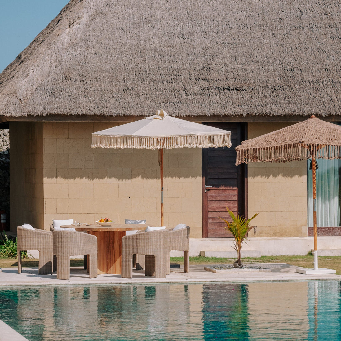 Canvas Parasol Fringe - Crème 250cm - Handgeknoopte parasol - Todo Bien - livinglovely.nl