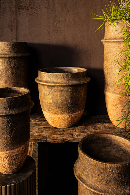 Christenee Grey half brown cement round pot high L PTMD - Pot - PTMD - livinglovely.nl