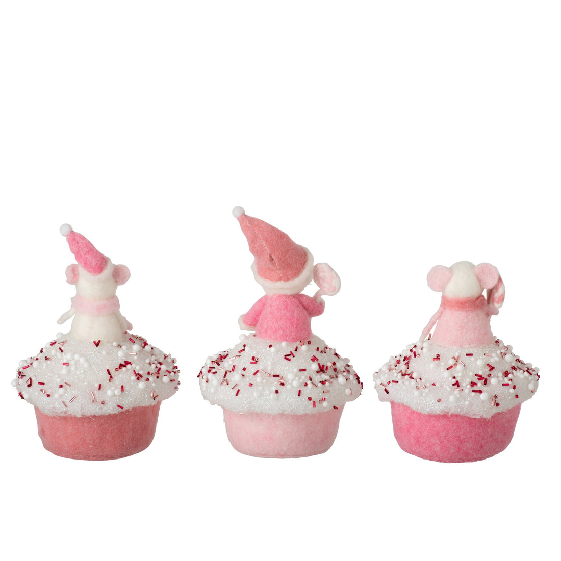 Wollen kerstcupcakes van J-Line van dichtbij met zichtbare gevilte structuur