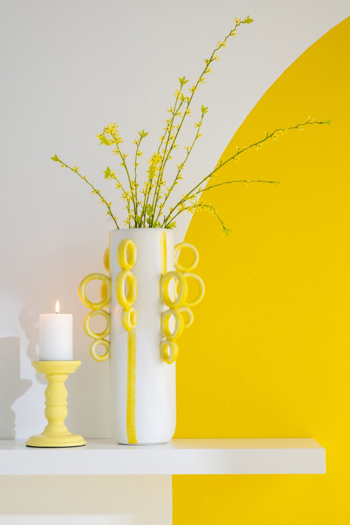 Decoratieve Kruik Ringen Porselein Wit/Geel J-Line