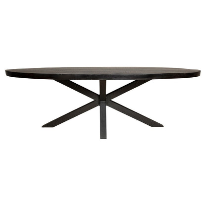 Ovale Denver eettafel 210cm van Starfurn met zwart gelakte metalen matrixpoot en mangohouten blad