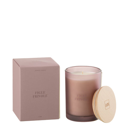 Geurkaars Accords Essentiels Figue Frivole 38 Uur van J-Line, paarse glazen pot met houten deksel naast de geschenkdoos