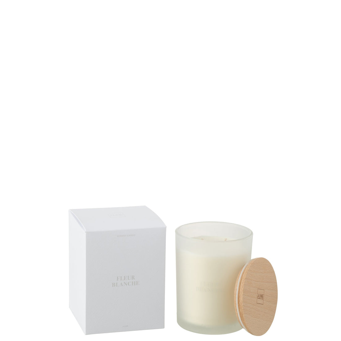 Geurkaars Accords Essentiels Fleur Blanche 52 Uur van J-Line, witte glazen pot met houten deksel naast de geschenkdoos