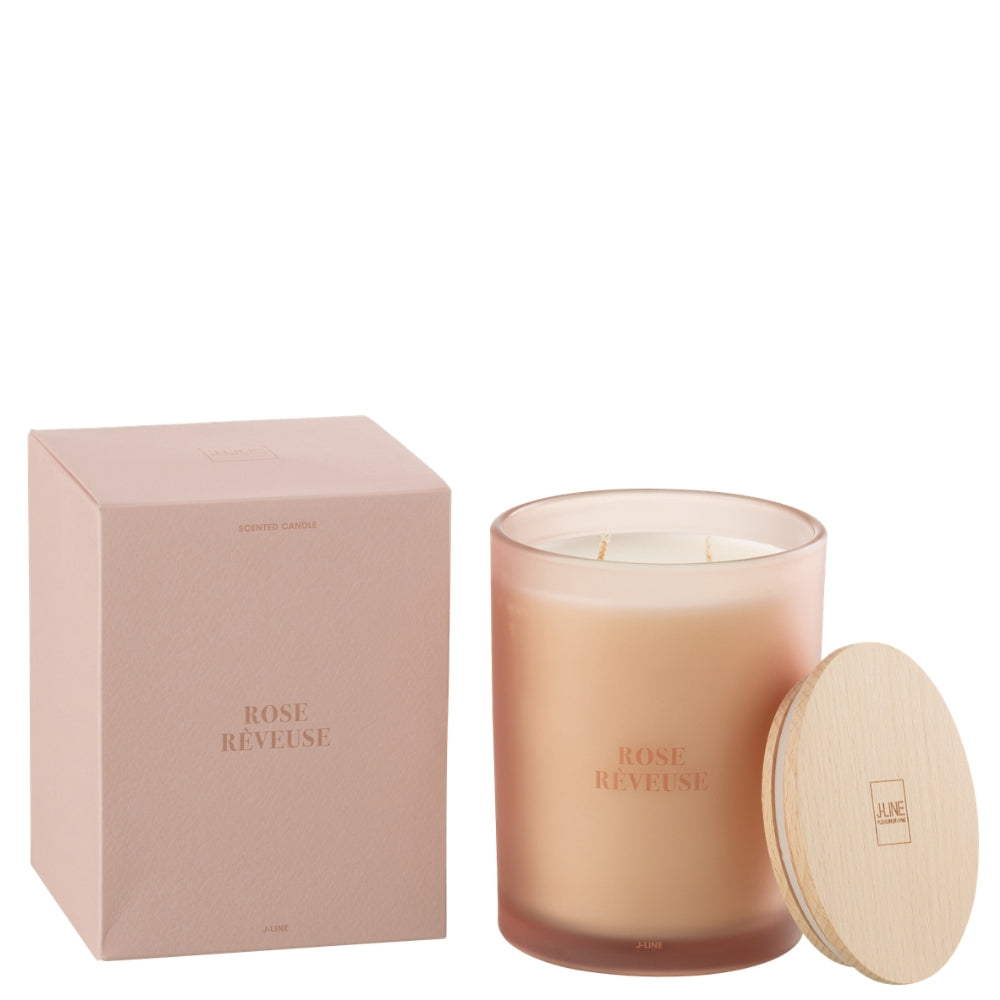 Geurkaars Accords Essentiels Rose Rêveuse 52 Uur van J-Line, roze glazen pot met houten deksel naast de geschenkdoos