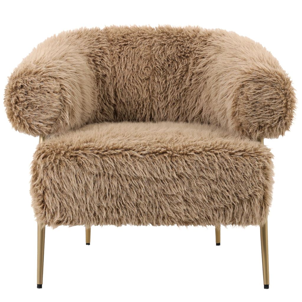 Hair Fauteuil Bruin van PTMD, vooraanzicht van de langharige bruine fauteuil op een metalen onderstel