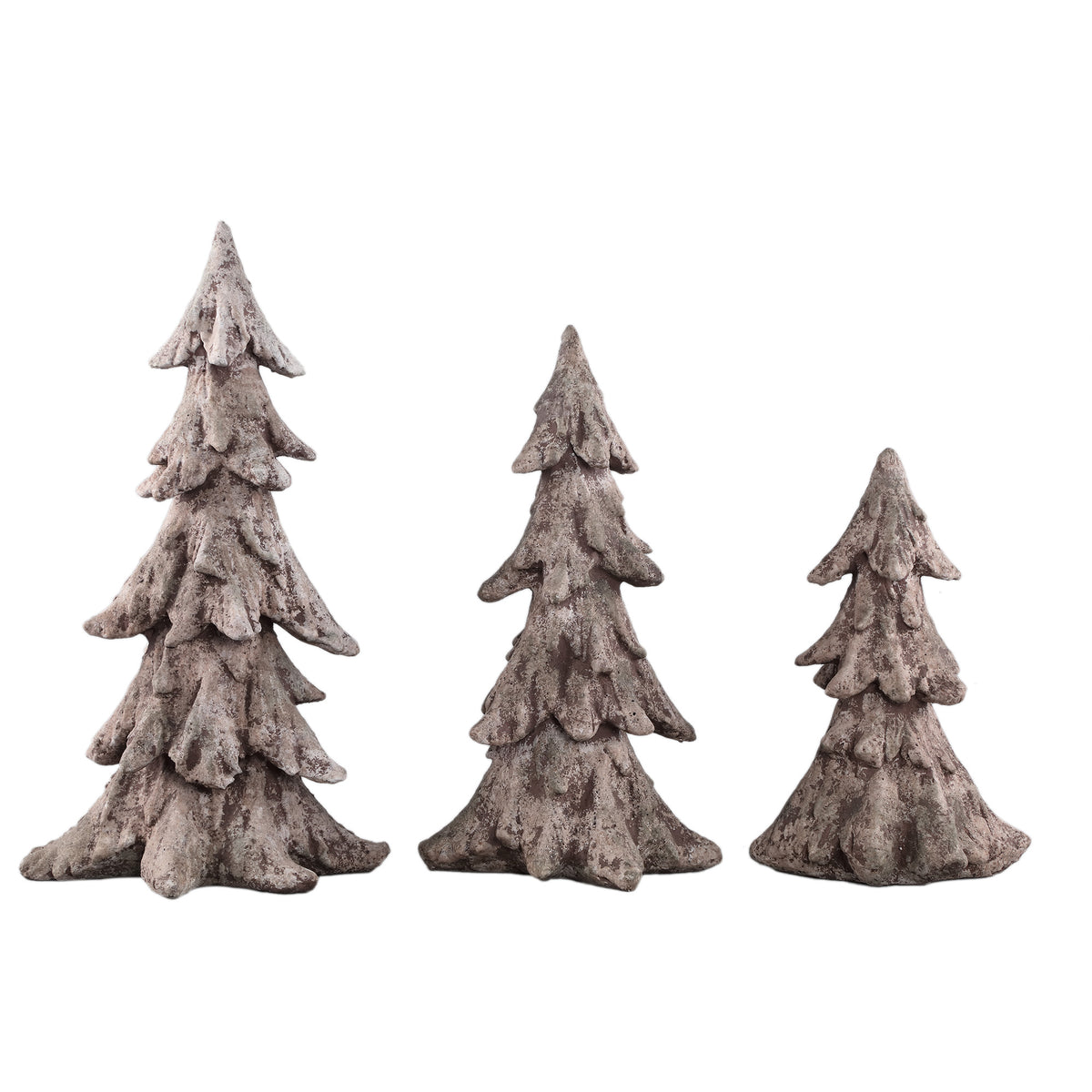 Hascal Kerstboom Beeld Cement Medium van PTMD, drie maten kerstboompjes van lichtbruin cement naast elkaar