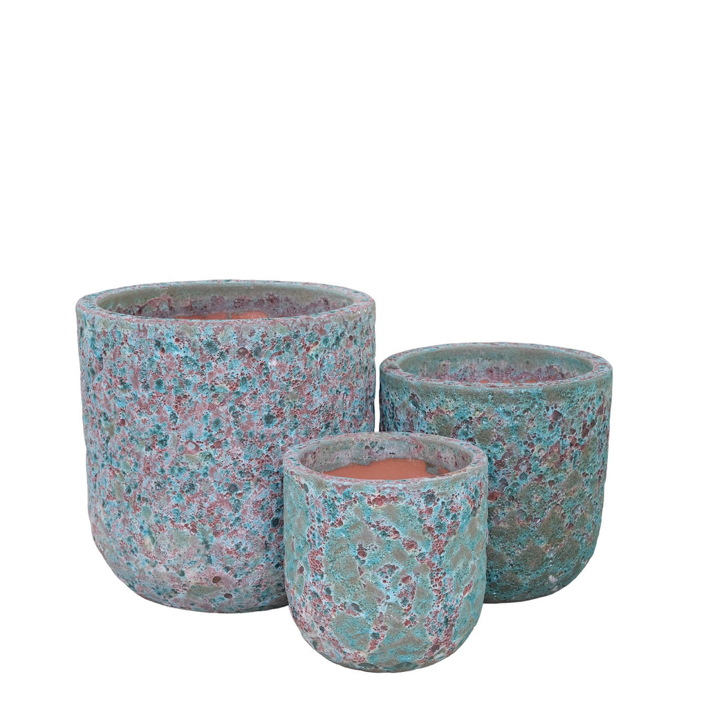 Hiza Green Round Ceramic Pot Rough Finish Low Set van 3 PTMD - Pot - PTMD - livinglovely.nl