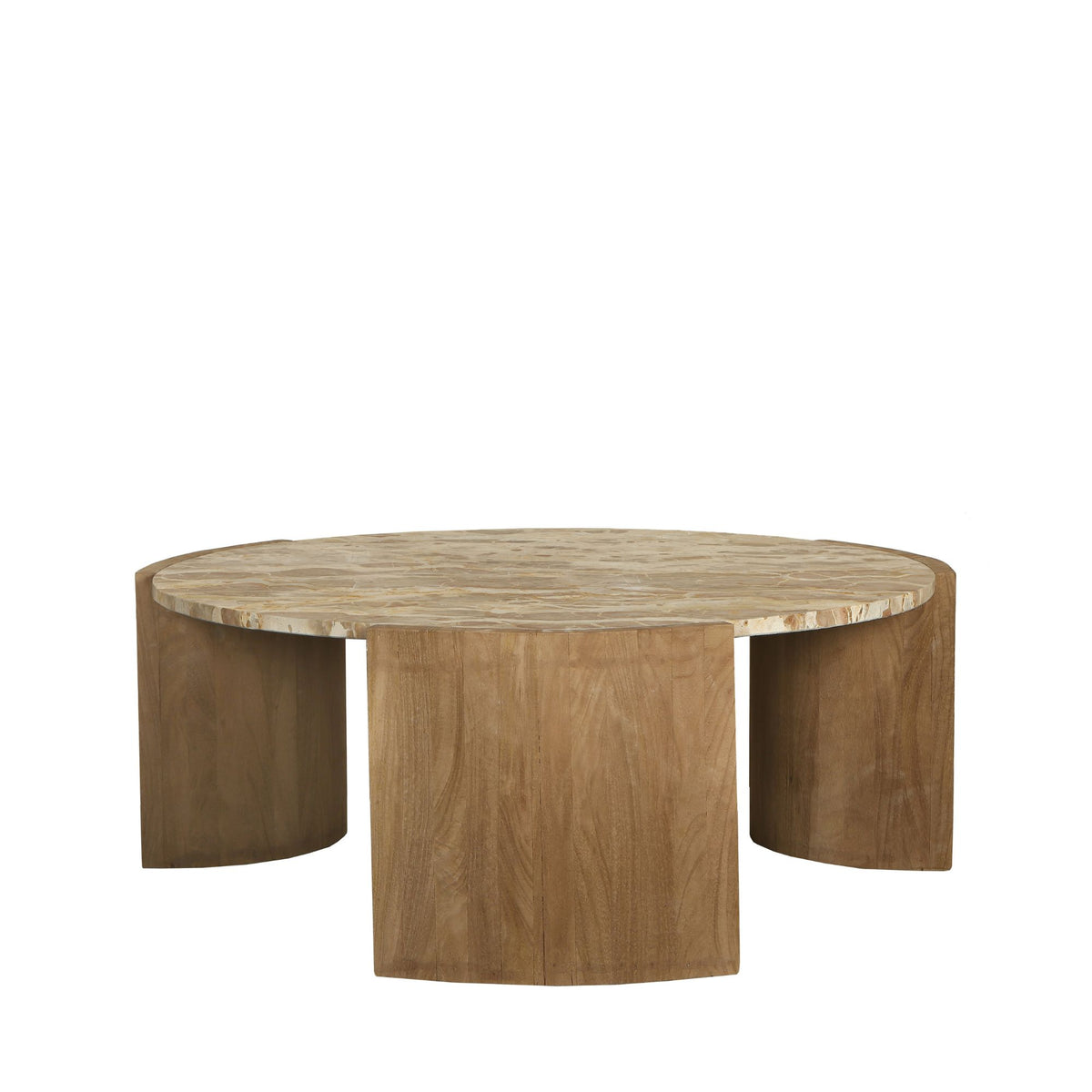Javina Salontafel Naturel Marmer Ø90cm van PTMD, rond marmeren blad op gebogen mangohouten poten