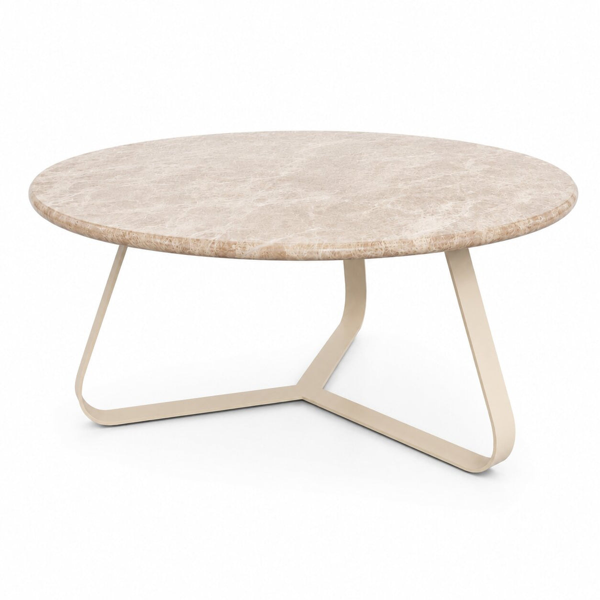 Kae Salontafel Marmer Beige Rond Large van PTMD, ronde salontafel met ijzeren poten, vooraanzicht op wit