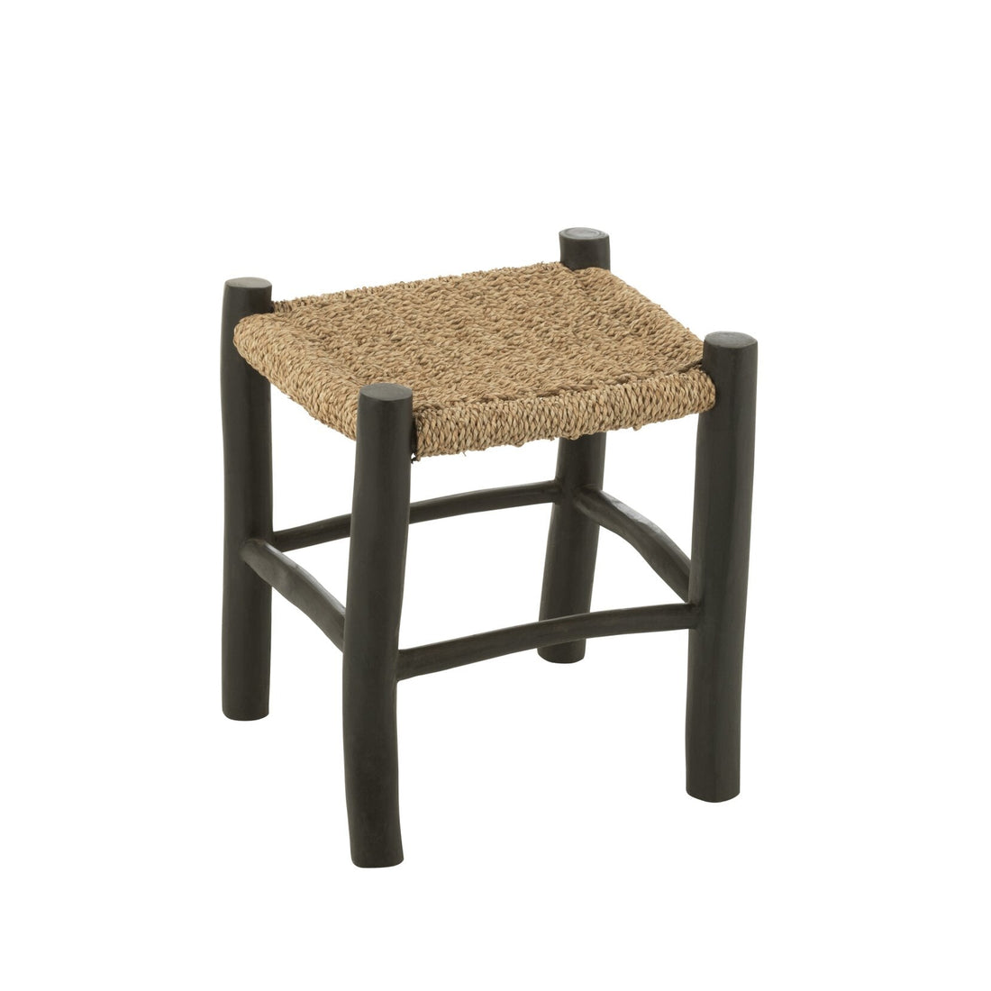 Kruk Vierkant Teak Hout/Zeegras Zwart/Naturel