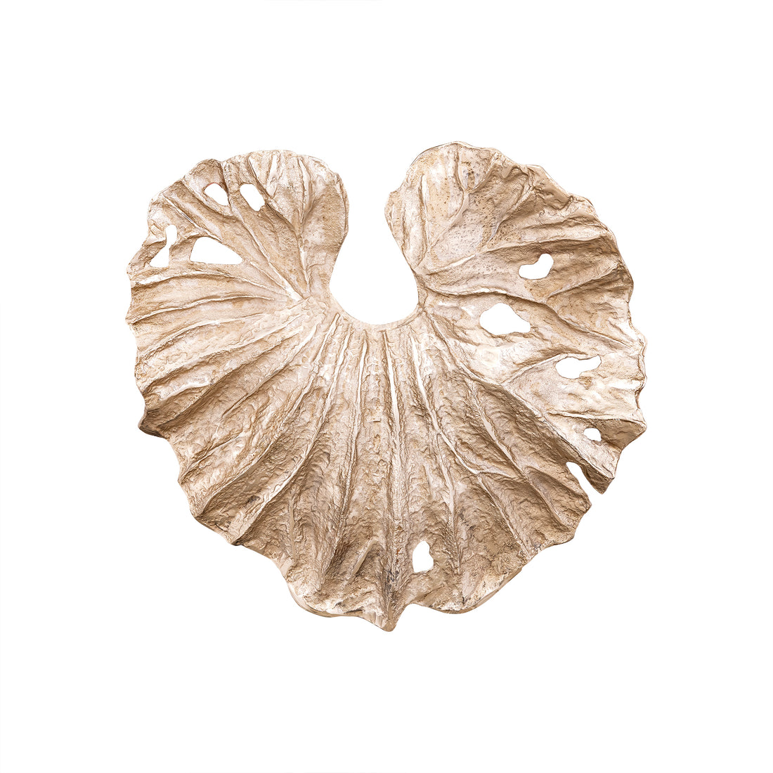 Merial Wandpaneel Lotusblad Medium van PTMD, vooraanzicht van het wandpaneel in champagne gegoten aluminium op wit